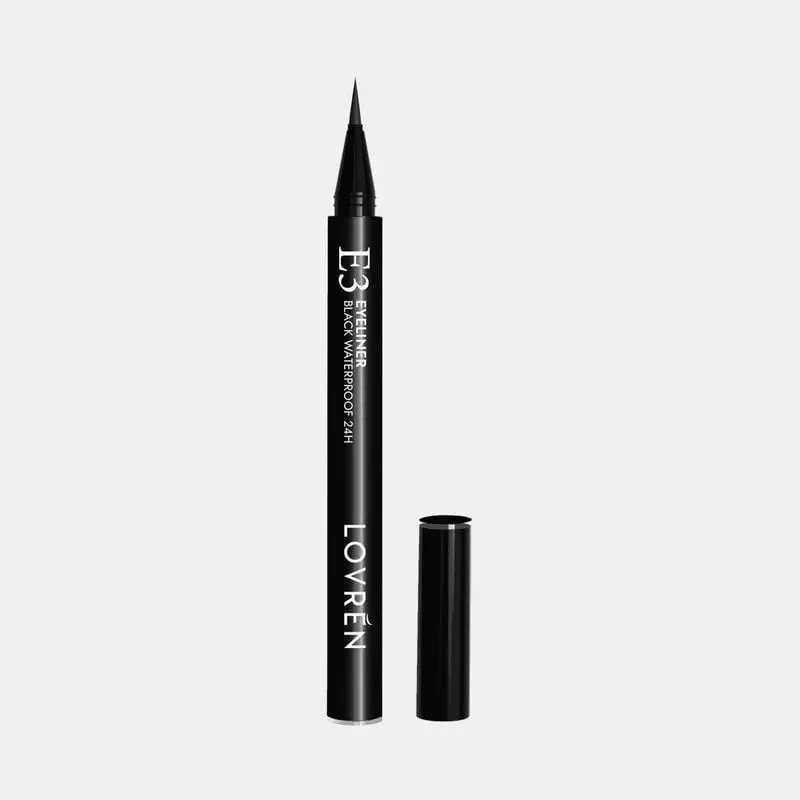 Packshot de l'eyeliner noir liquide Lovren à la formule waterproof dans un tube noir élégant.