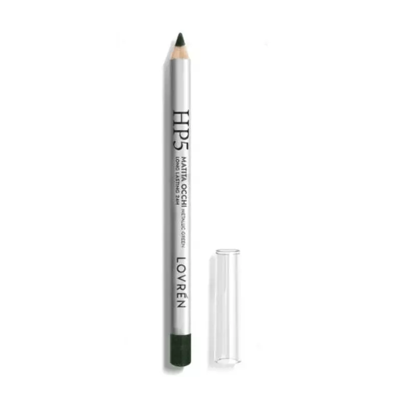 Crayon yeux longue tenue 24h Lovren en vert métallisé, gros plan du corps et de la pointe avec la te