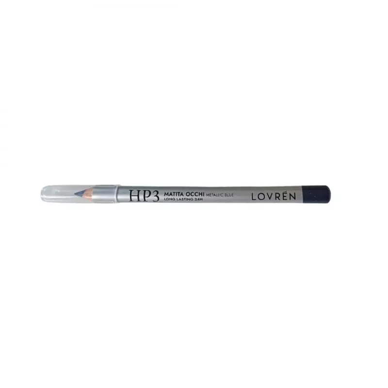 Crayon yeux Lovren bleu métallisé longue tenue, vue angulaire montrant la pointe et la couleur bleu 