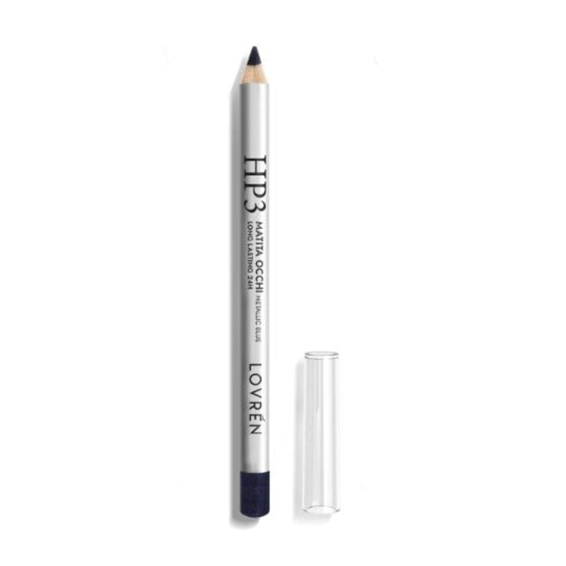 Crayon eye-liner Lovren HP3 bleu métallisé longue tenue 24h, vue de face, avec capuchon bleu métalli