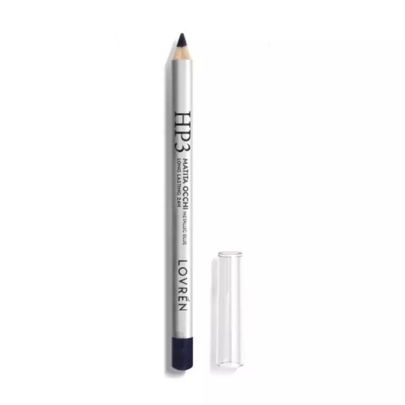 Crayon eye-liner Lovren HP3 bleu métallisé longue tenue 24h, vue de face, avec capuchon bleu métalli