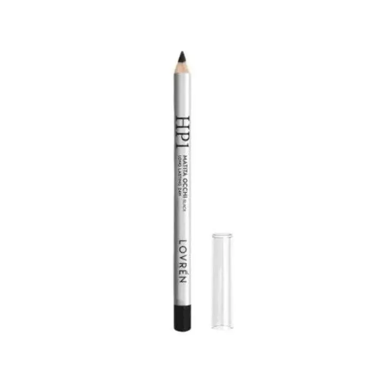 Packshot du crayon yeux noir longue tenue 24h Lovrén, sans capuchon, mettant en valeur la pointe cré