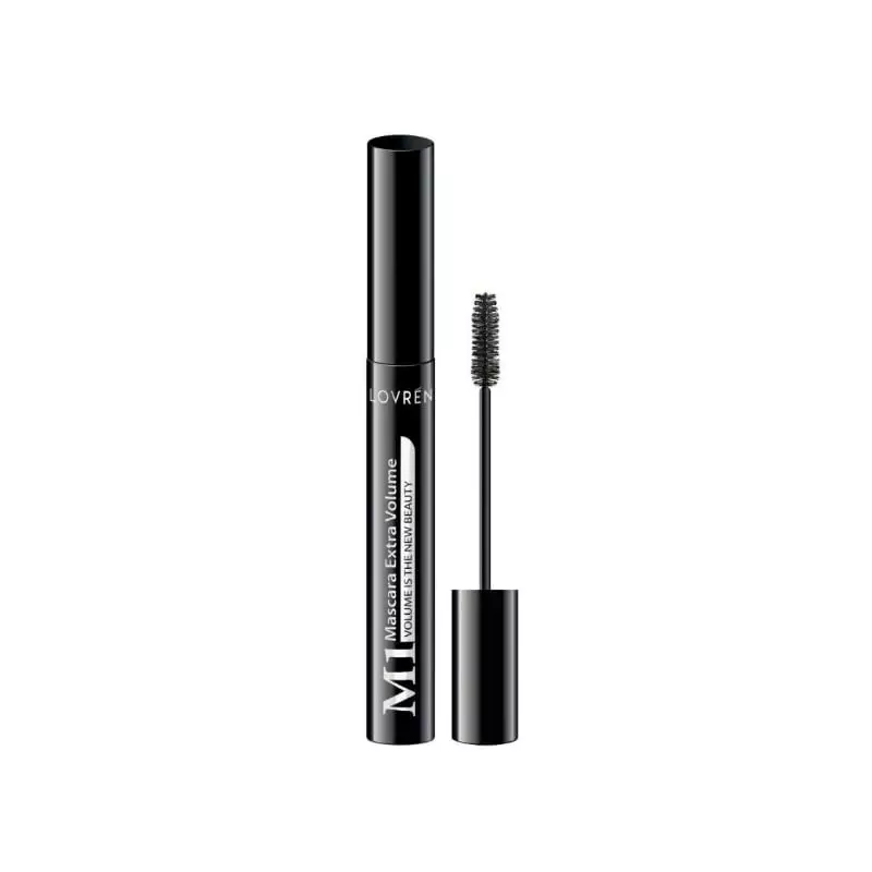 Vue en angle du tube et de la brosse du mascara Lovren M1 Extra Volume.