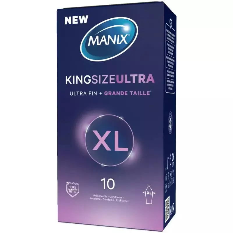 Packshot des préservatifs Manix King Size Ultra au parfum vanille, montrant la boîte et les détails 