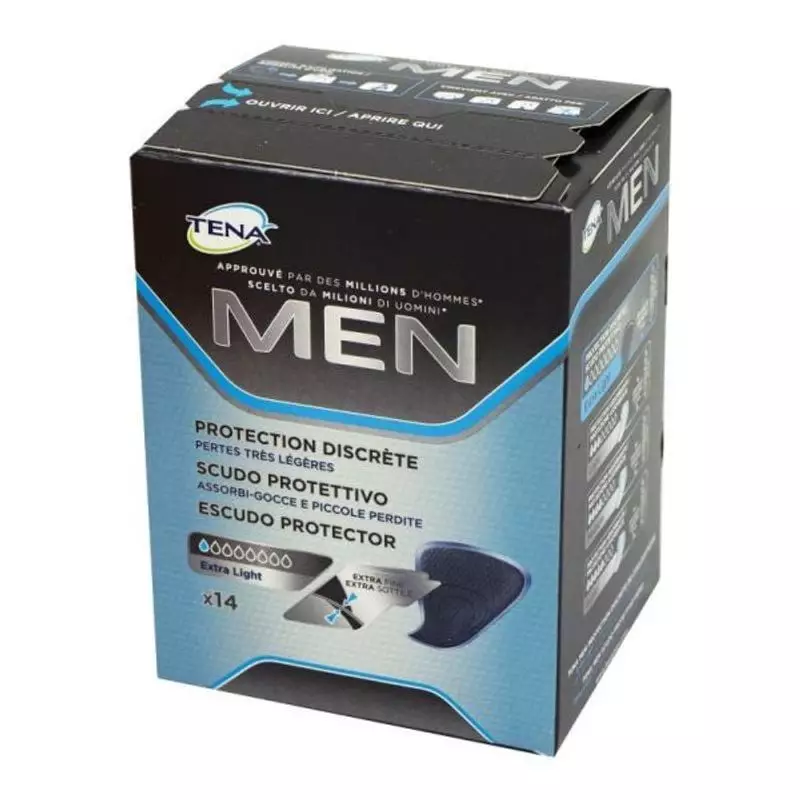 Gros plan de la protection 2000250 TENA Men Active Fit Extra Light : forme de cupule noire et systèm