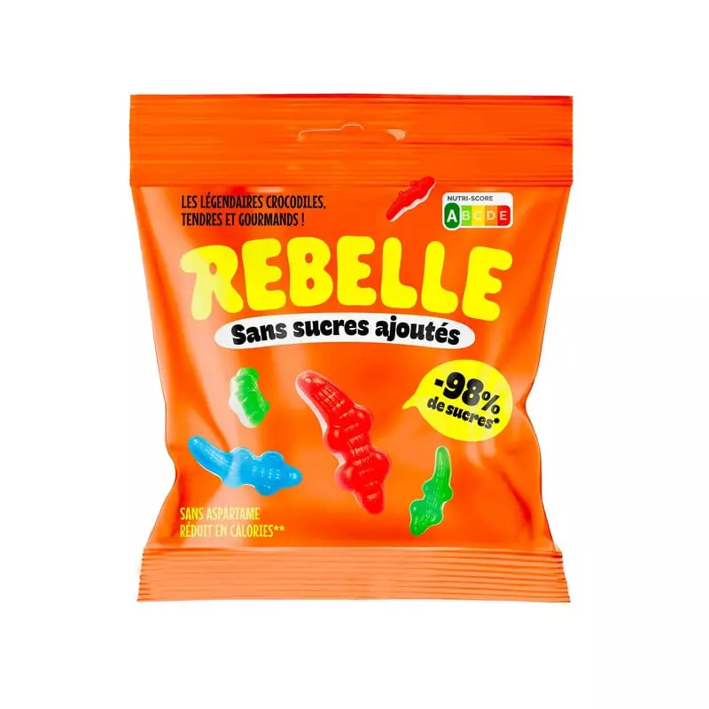 Paquet de Rebelle Bonbons crocodiles sans sucres 50g, gélifiés verts en forme de crocodiles, présent