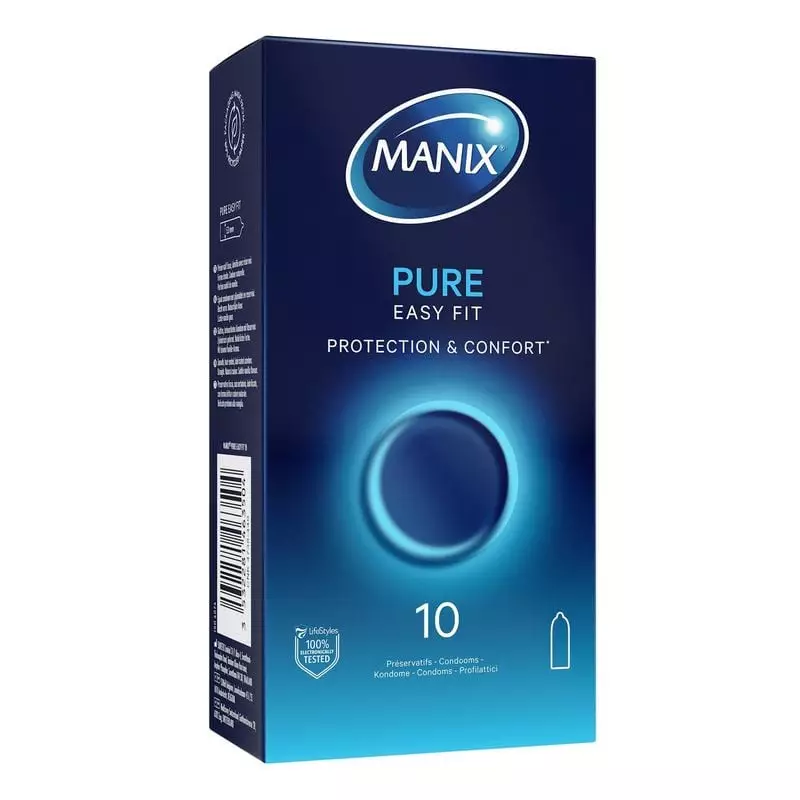 Packshot du préservatif Manix Pure Easy Fit, préservatif en latex premium avec forme ergonomique et 