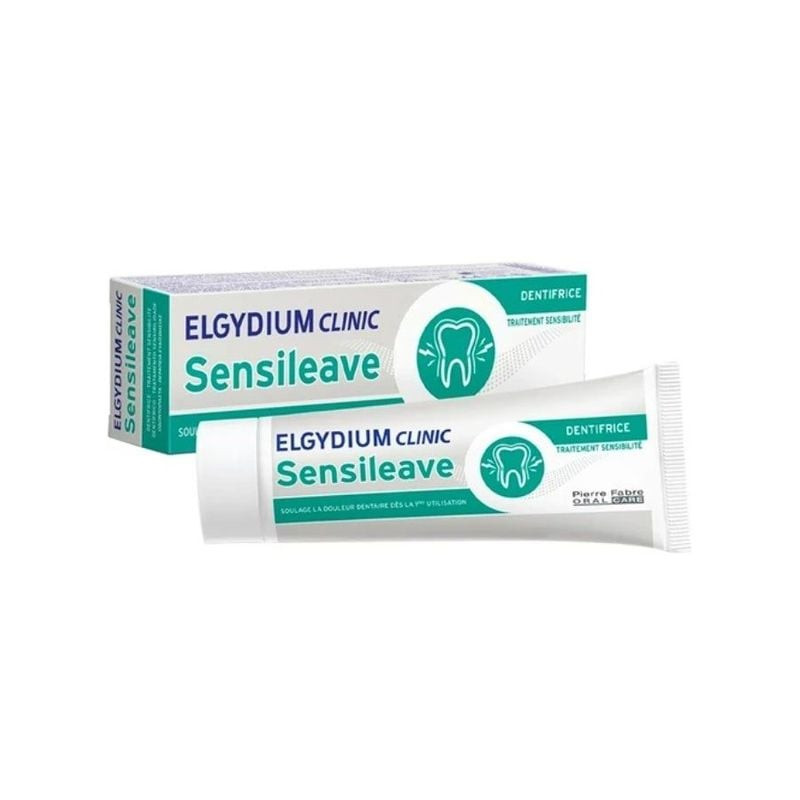 Vue latérale du tube de dentifrice Elgydium Sensileave montrant les informations produit