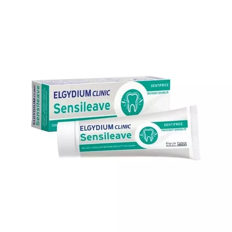 Vue latérale du tube de dentifrice Elgydium Sensileave montrant les informations produit