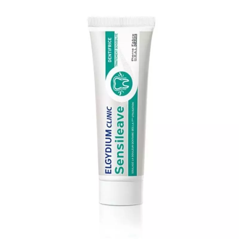 Vue de face du tube de dentifrice Elgydium Sensileave avec emballage bleu et blanc