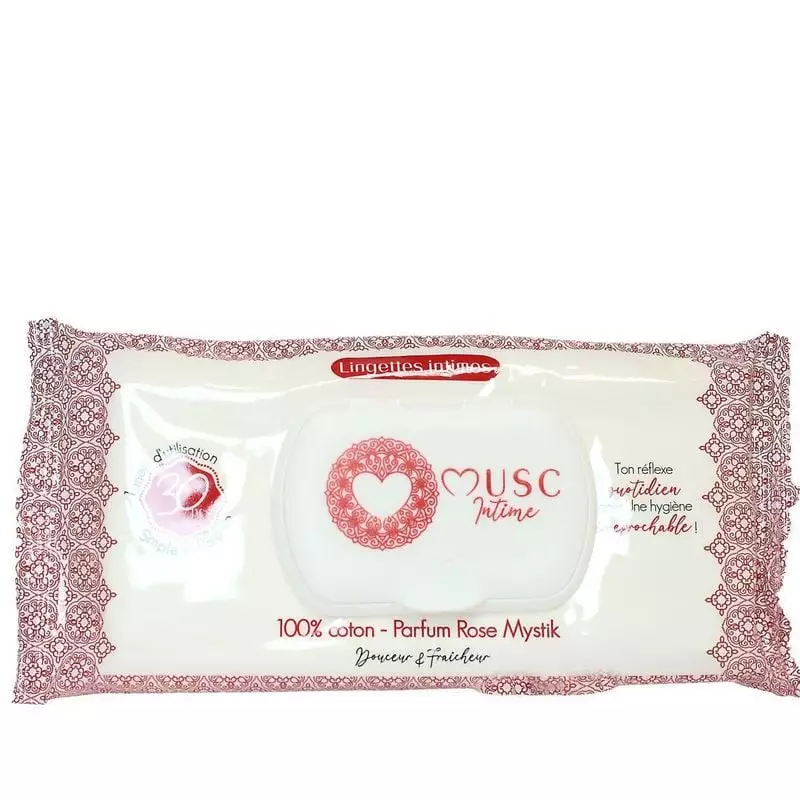 Packshot des lingettes nettoyantes intimes Musc Intime 2001426, 100% coton, parfum Rose Mystik, paqu