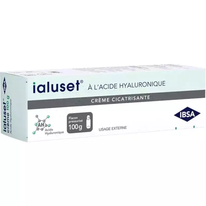 Crème cicatrisante Ialuset par IBSA Pharma, acide hyaluronique 0,2%, flacon pressurisé 100 g, vue de