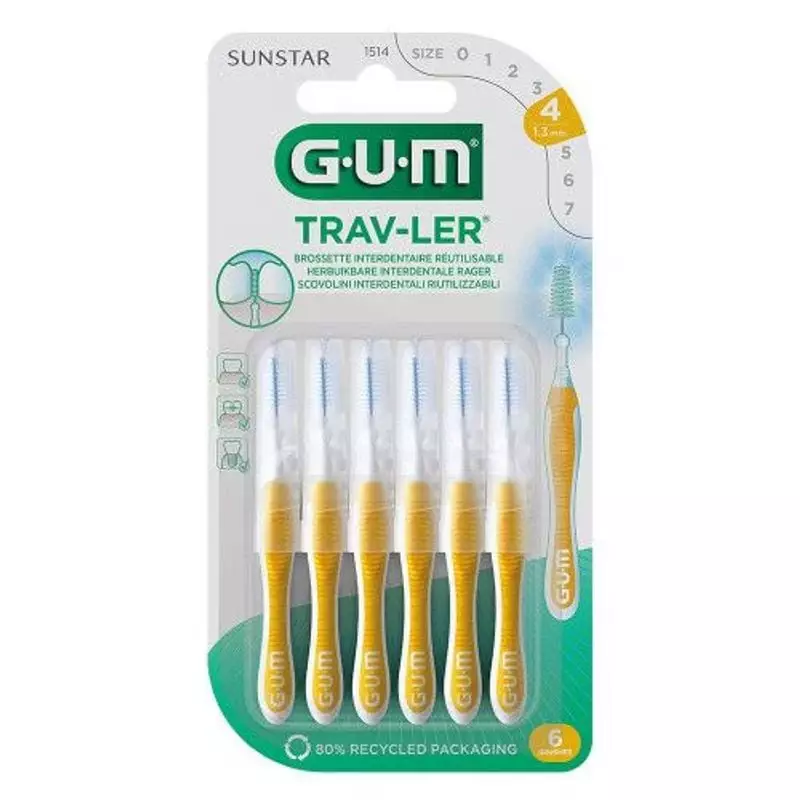Pack de 6 brossettes interdentaires GUM Trav-Ler, manche flexible, diamètre 1,3 mm, pour grands espa