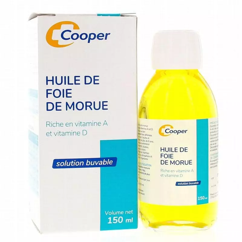 Vue latérale du flacon d'huile de foie de morue Cooper 150 ml, mettant en évidence le dosage et les 