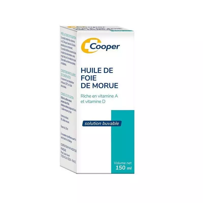Vue de face du flacon d'huile de foie de morue Cooper 150 ml, montrant l'étiquette avec la marque et