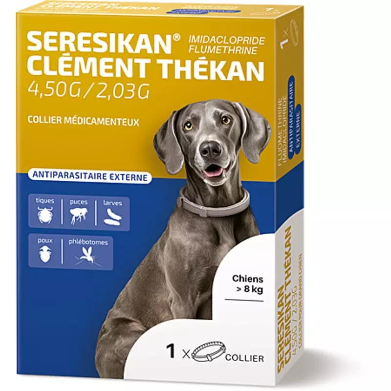 Packshot du collier antiparasitaire Clément Thékan Seresikan pour chien +8 kg, montrant l'emballage 
