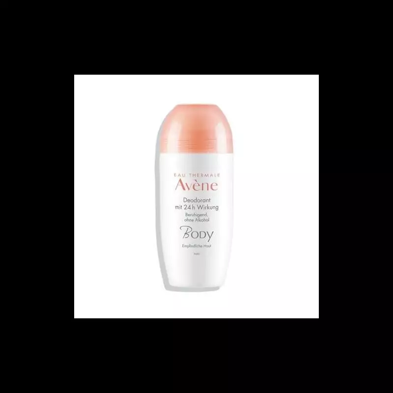 Vue de face du déodorant roll-on Avène 24h pour peaux sensibles, flacon blanc avec bouchon et étique
