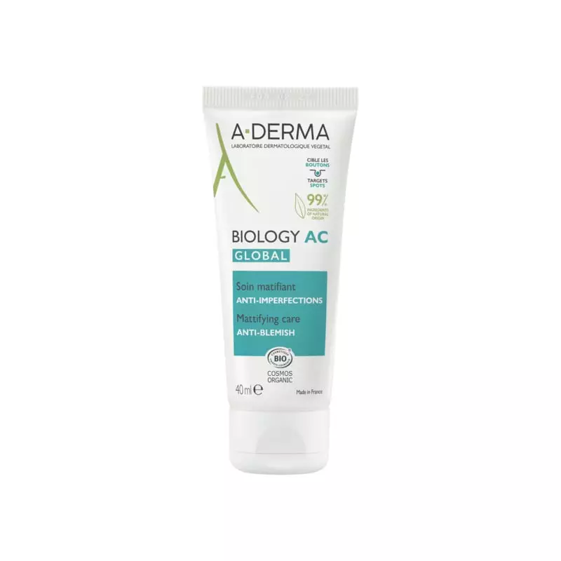 Vue avant du tube du soin matifiant anti-imperfections A-Derma Biology AC Global, emballage vert et 