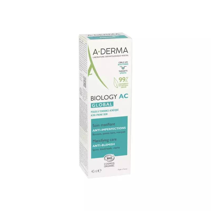 Vue arrière du tube A-Derma Biology AC Global avec détails produit, ingrédients et mode d'emploi.