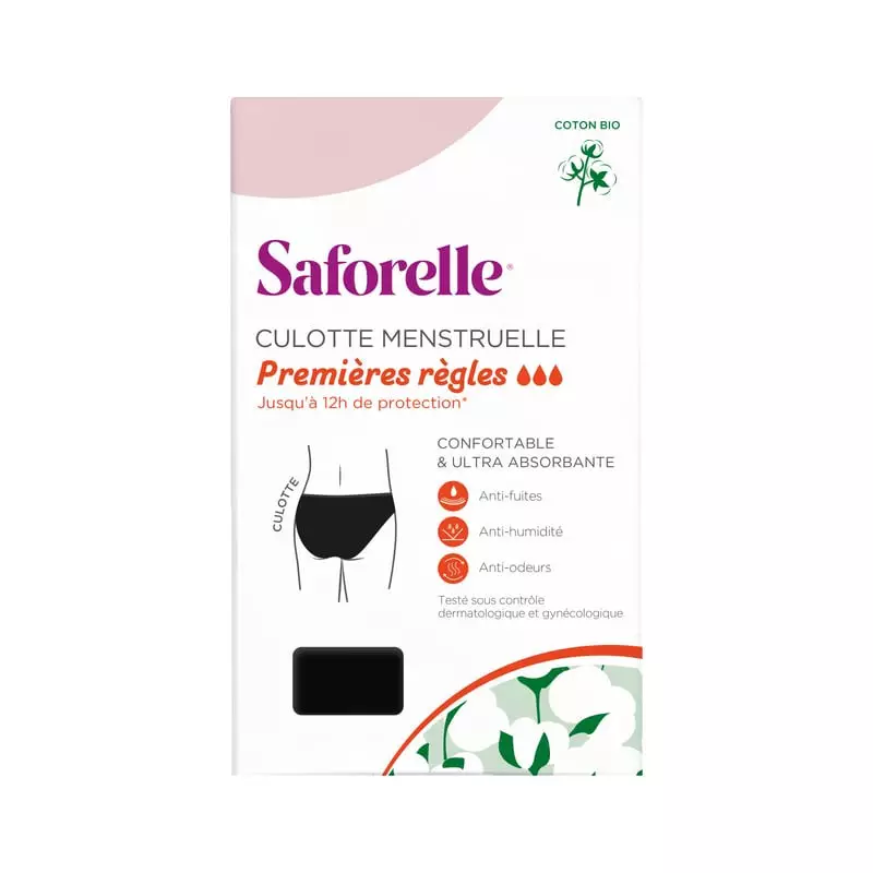 Saforelle 2005579 culotte menstruelle ultra-absorbante pour premières règles, vue de face sur fond b