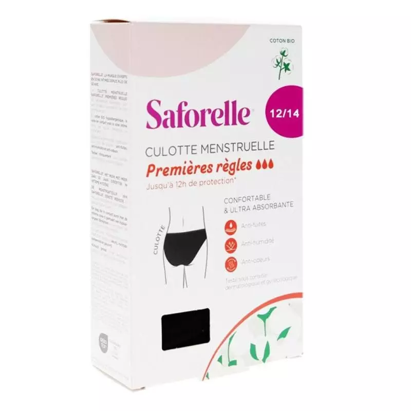 Culotte menstruelle Saforelle 2005579 dans son emballage, mettant en avant les caractéristiques anti