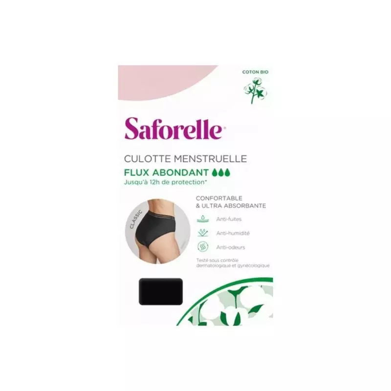 Vue de face de la culotte menstruelle Saforelle Classic pour flux abondant, en coton biologique lava
