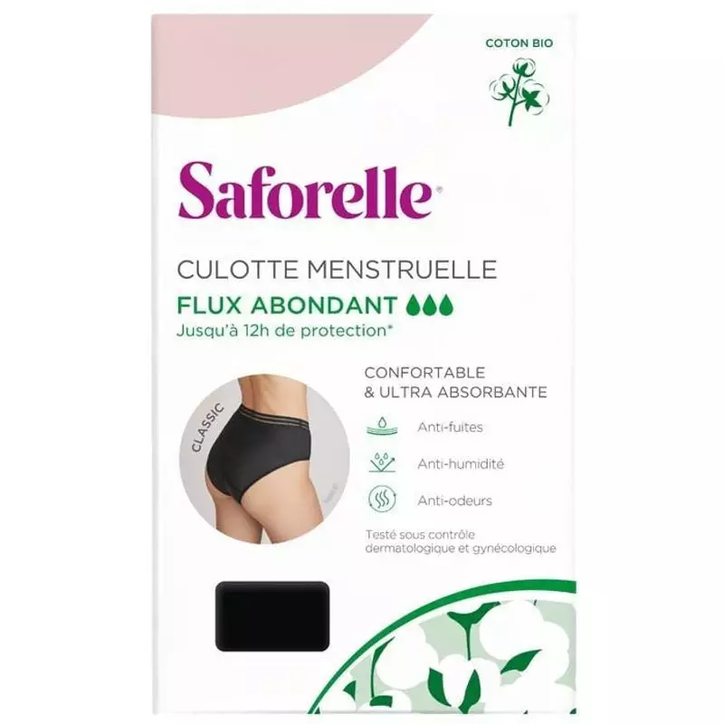 Packshot culotte menstruelle Saforelle Classic flux abondant, vue de face, design sans couture, tiss