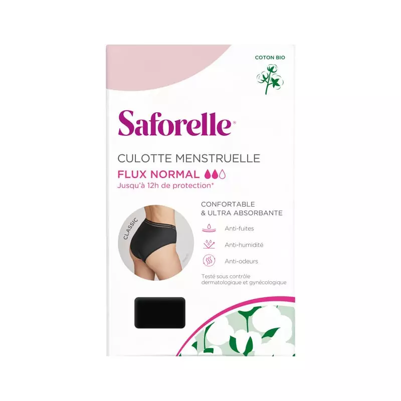 Packshot de la culotte menstruelle Saforelle pour flux abondant avec couche en coton bio.