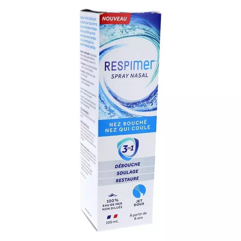 Respimer 3-en-1 Spray nasal packshot montrant le flacon avec bouchon bleu et étiquette.