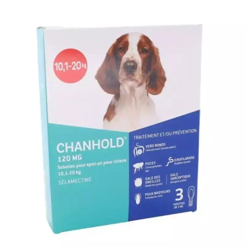 Packshot de Chanhold 120 mg spot-on pour chiens, boîte avec pipettes pour la prévention des puces et