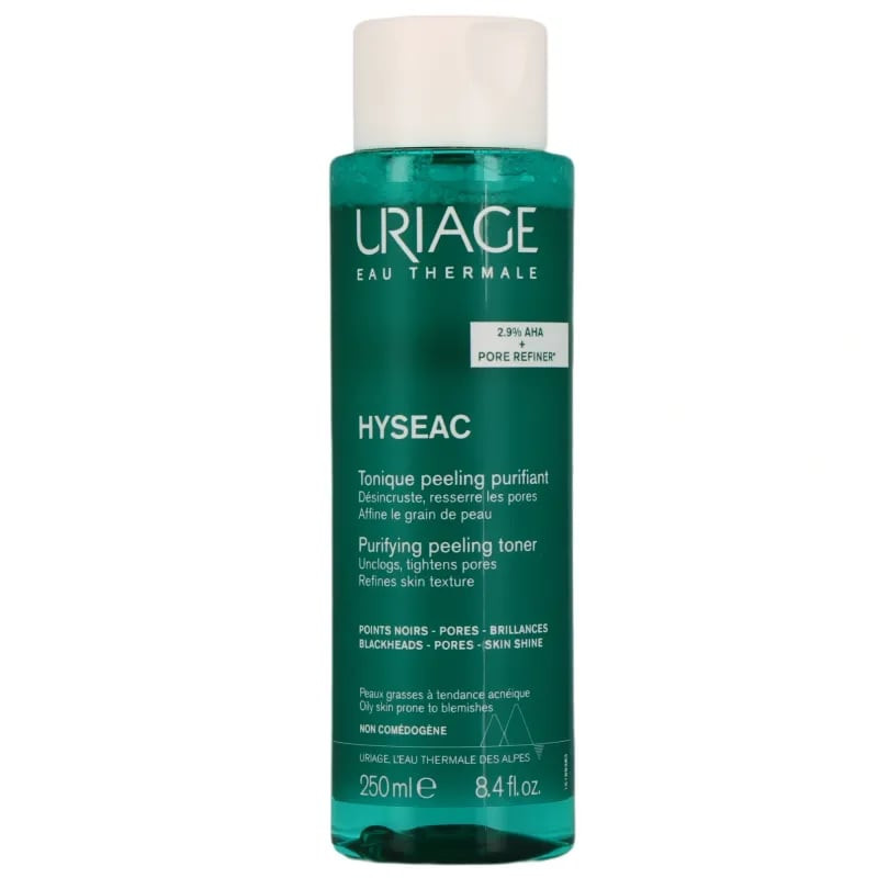 Étiquette arrière du Tonique Peeling Purifiant Hyséac d'Uriage avec liste d'ingrédients et mode d'em