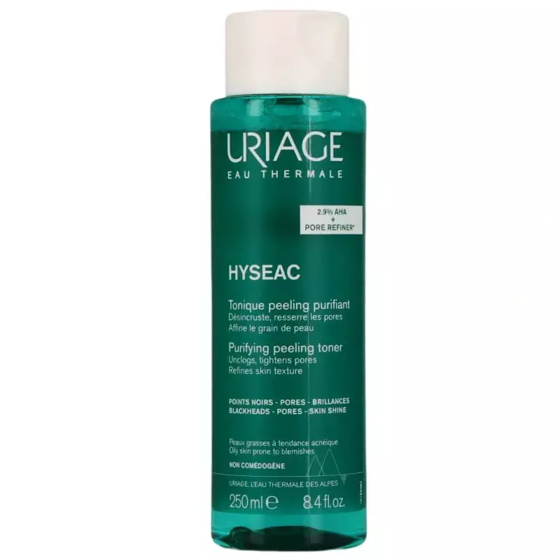 Étiquette arrière du Tonique Peeling Purifiant Hyséac d'Uriage avec liste d'ingrédients et mode d'em
