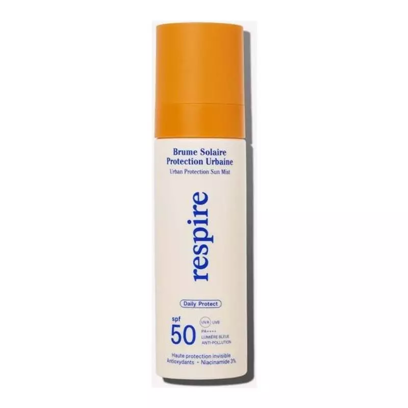 Packshot du flacon brume Respire Brume Solaire Protection Urbaine SPF 50, spray solaire urbain.