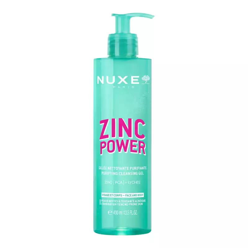 Nuxe 2013948 gel nettoyant purifiant dans un flacon pompe transparent, montrant la texture gel trans
