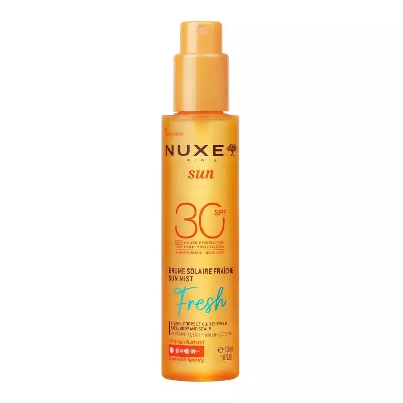 Packshot du produit Nuxe Brume solaire fraîche SPF30 - 150ml, flacon pulvérisateur.