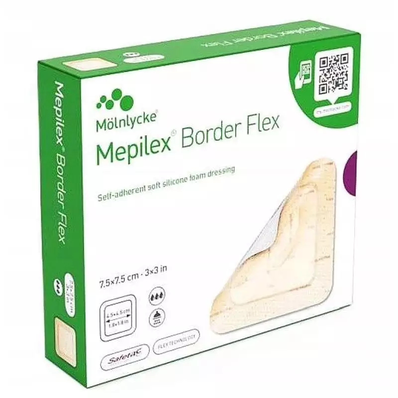 Deuxième packshot du Mölnlycke Mepilex Border Flex 2013944 montrant la taille et l'emballage du pans