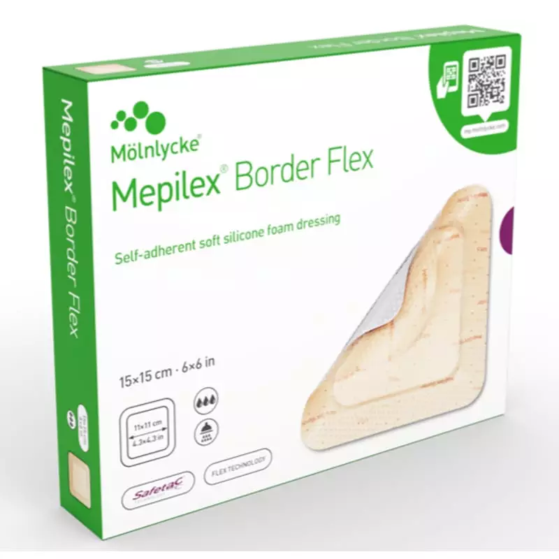 Packshot du pansement en mousse Mepilex Border Flex 2013943 de Mölnlycke dans son emballage stérile.