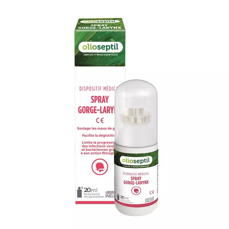 Packshot du flacon Ineldea Olioseptil Spray Gorge-Larynx 20 ml, réf. 2013941, spray médical pour la 