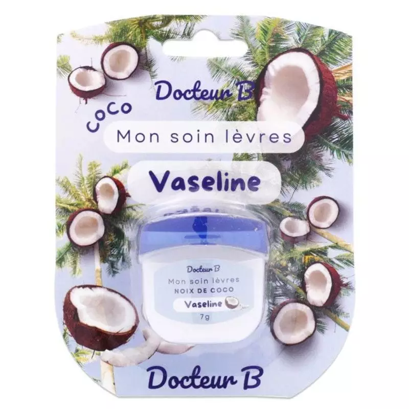 Packshot du Docteur B Mon Soin Lèvres Vaseline Noix de Coco dans un pot de 7g.