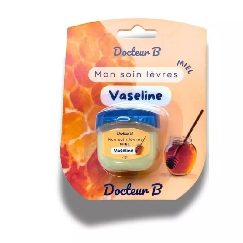Packshot du baume à lèvres Docteur B 2013936 au miel et à la vaseline en pot