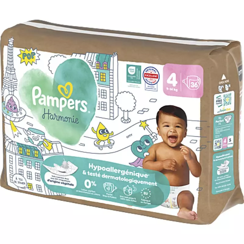Packshot du paquet de couches Pampers Harmonie Taille 4, hypoallergéniques x 36, pour bébés 9-14 kg.