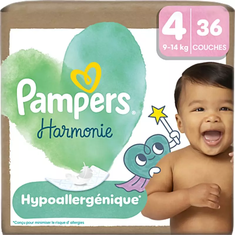 Vue arrière de l'emballage Pampers Harmonie Taille 4 avec caractéristiques et avantages.