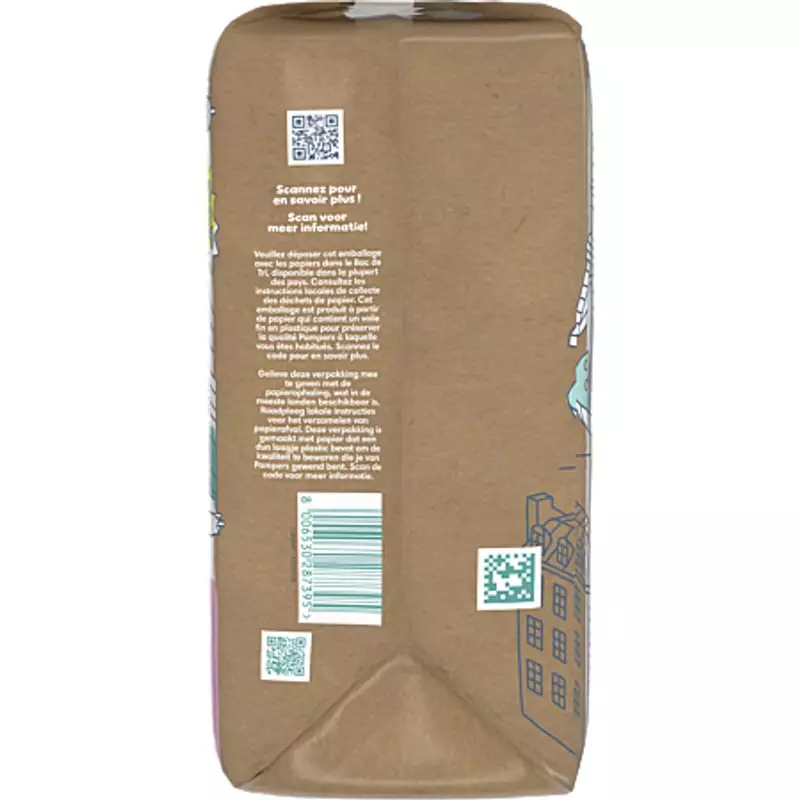 Vue latérale du paquet de couches Pampers Harmonie Taille 4 montrant la taille et la quantité.