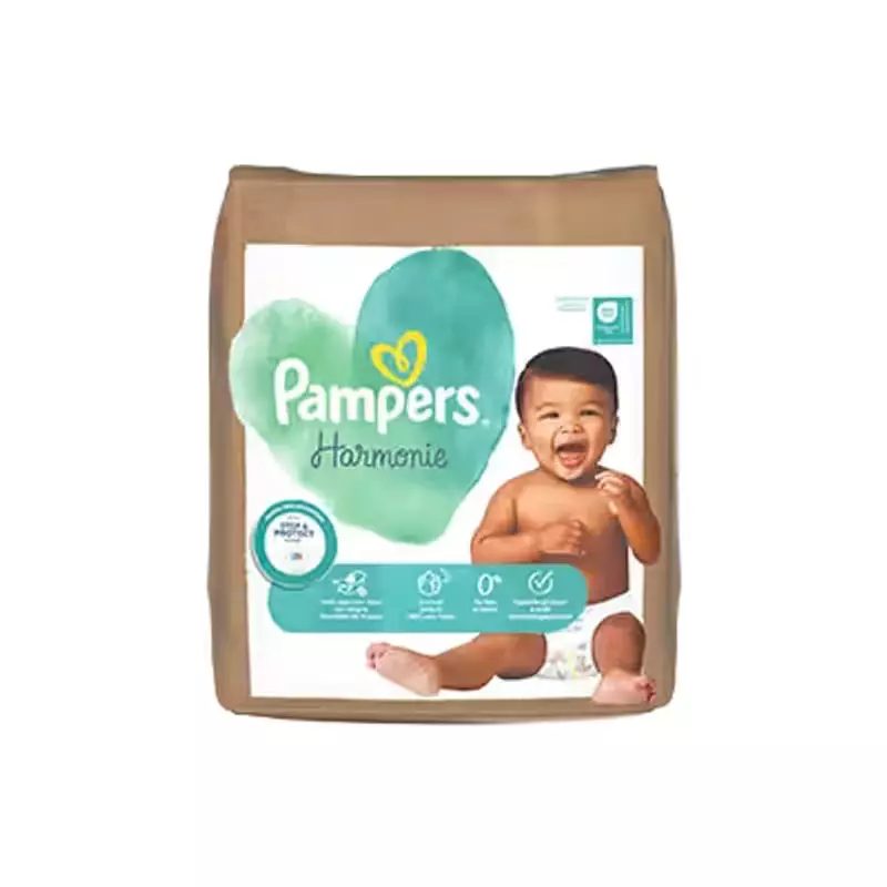 Vue de face du paquet de couches Pampers Harmonie Taille 4 avec design pastel doux et logo de la mar