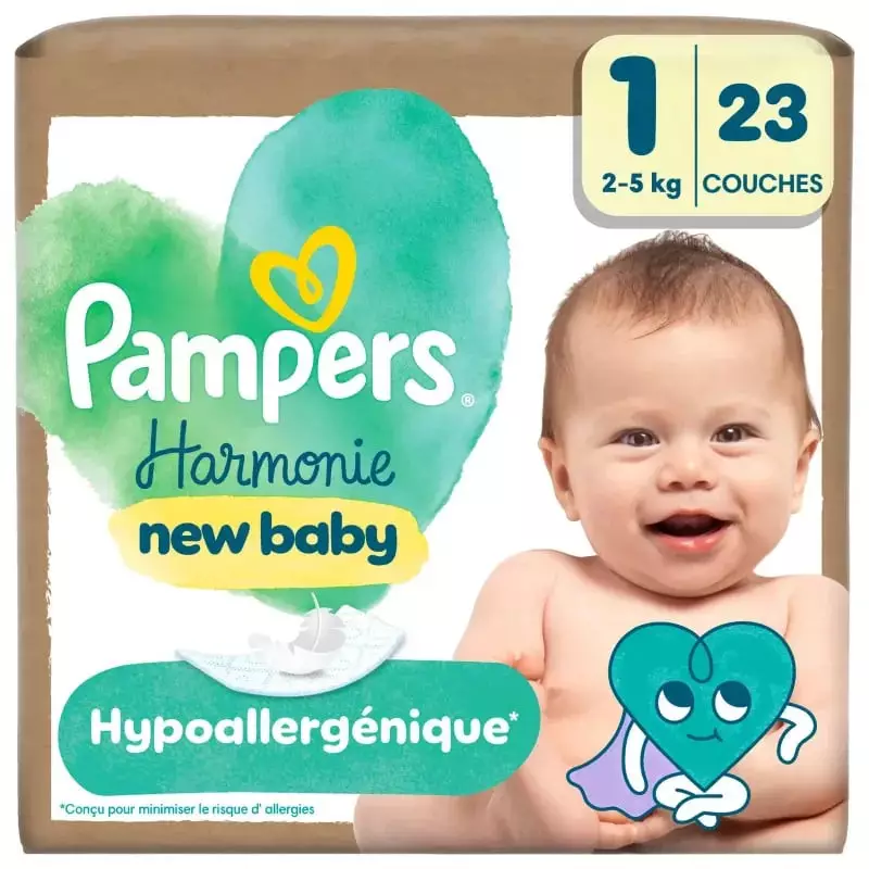 Packshot de couches Pampers Harmonie Taille 1 pour nouveau-nés, avec un design doux, hypoallergéniqu