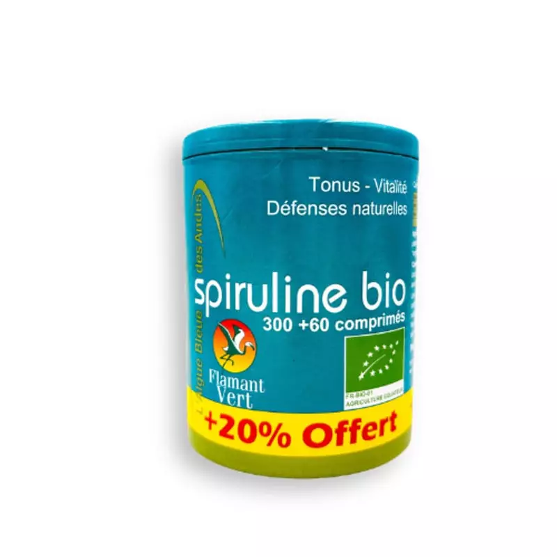 Photo de face du paquet de comprimés de spiruline Flamant Vert 2044176 avec étiquette 300+60 offerts