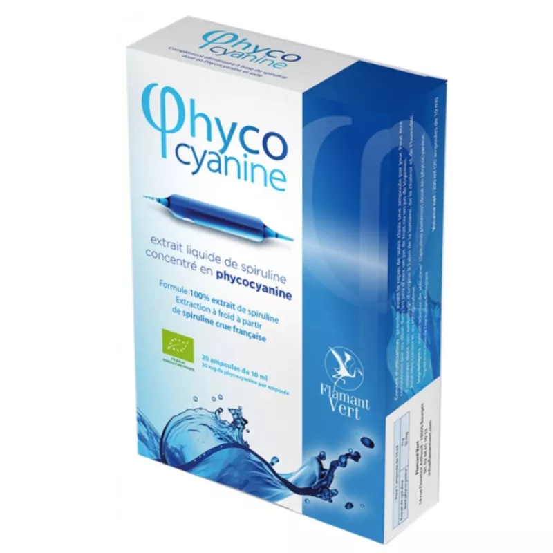 Phycocyanine extrait liquide Bio de spiruline Flamant Vert - 20 ampoules