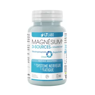 Magnésium 3-sources + Vitamine B6 LT Labo - Énergie, fatigue et équilibre nerveux - 90 gélules