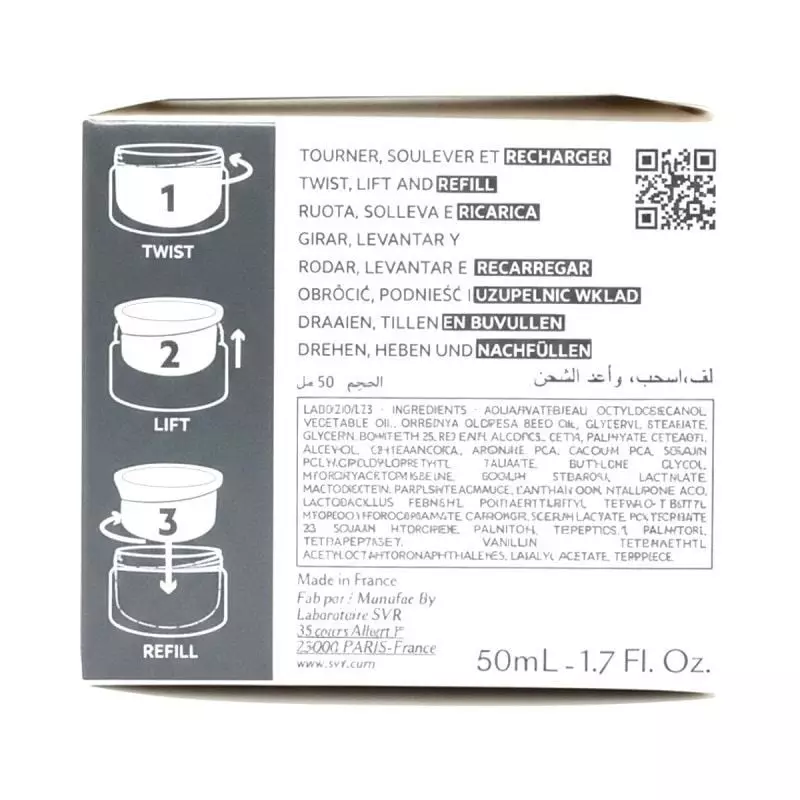 Packshot en plongée inclinée du pot SVR Densitium révélant une crème blanche texturée et un couvercl