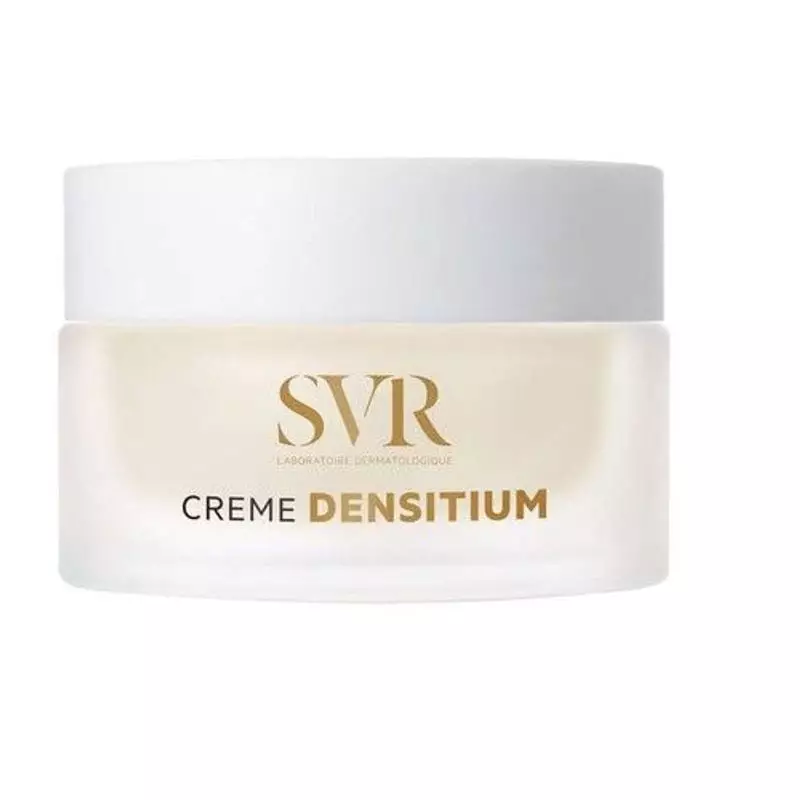 Packshot en gros plan du pot de crème riche anti-âge SVR Densitium avec couvercle doré, pour peaux m
